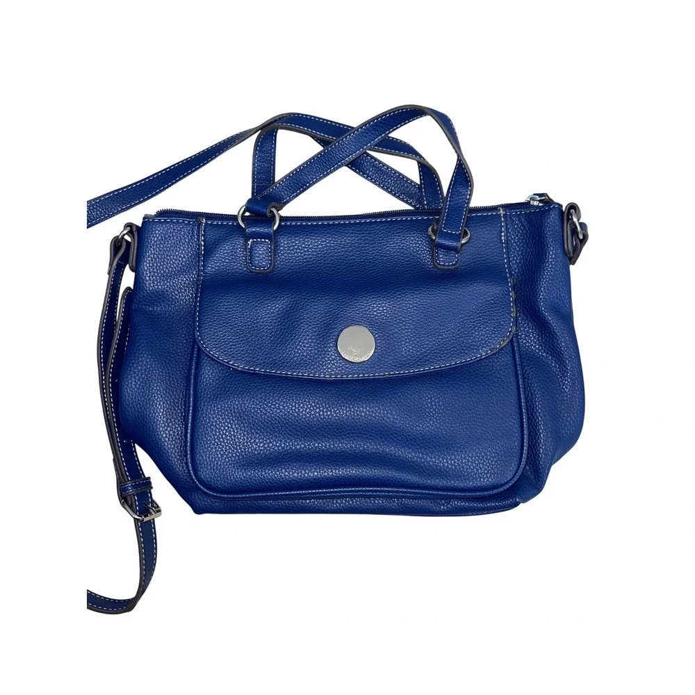 Liz Claiborne Blue Pebbled Faux Leather Satchel Crossbody Bag Contrast Stitching